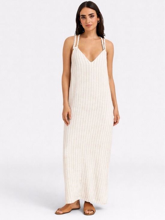 Rachel Ashwell Dresses & Skirts - Rachel Ashwell Dress L Boho Striped Maxi Beige White Gold Braided Strap …
